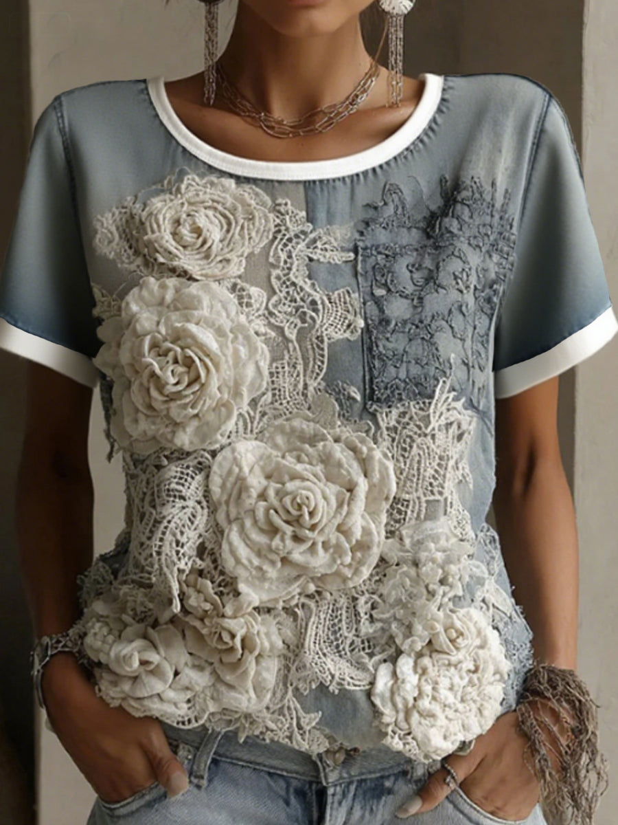 Women's White Rose Paneled Denim Linen T-shirt