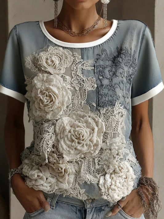 Women's White Rose Paneled Denim Linen T-shirt