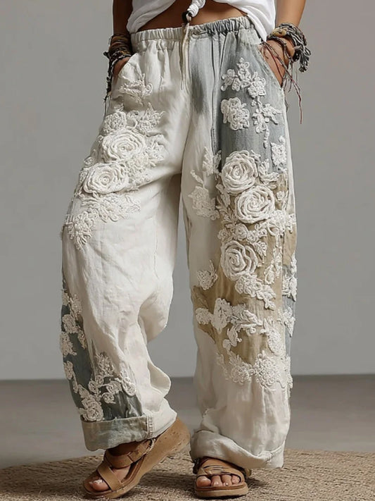 Women's Vintage Rose Floral Art Casual Wide Leg Pants