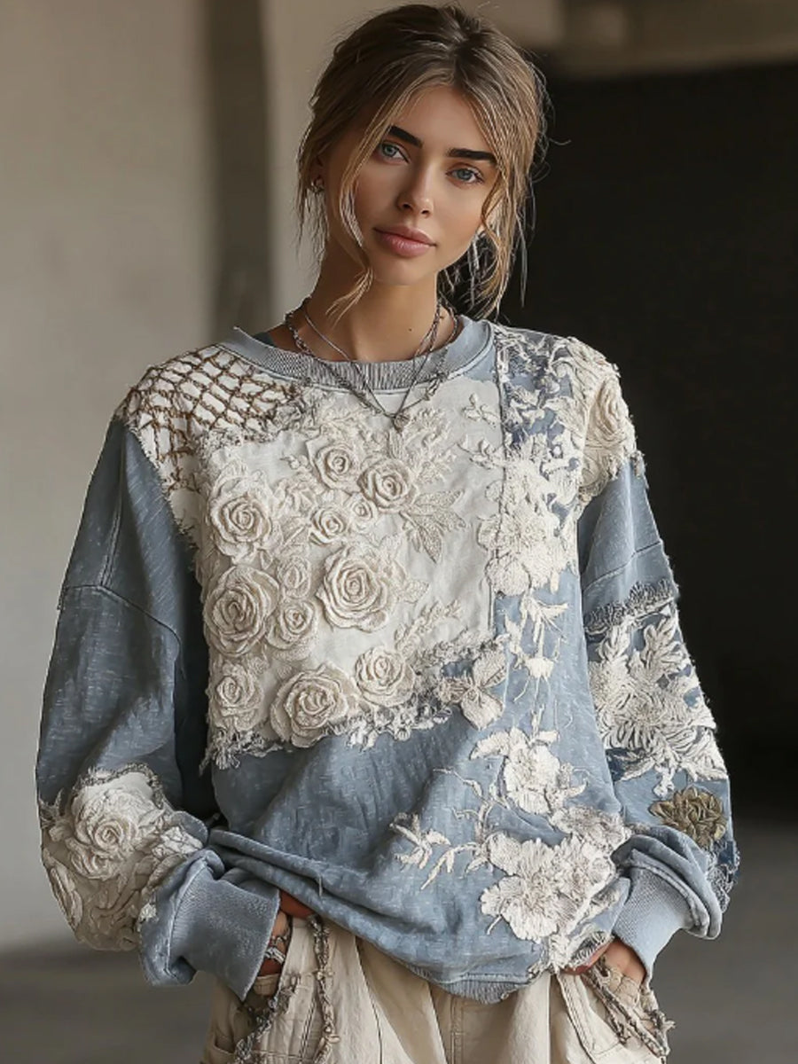 Women's Retro Rose Stitching Casual Crew Neck Sweatshirt