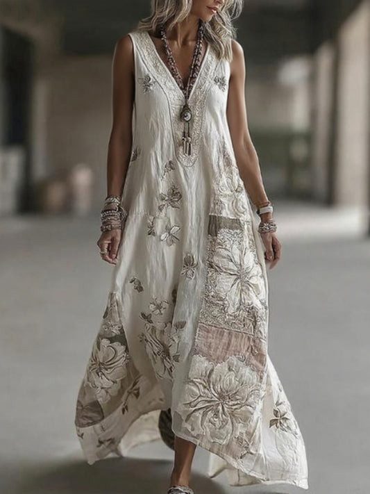 Women's Vintage Floral Embroidery Art Linen Blend V Neck Maxi Dress