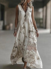 Women's Vintage Floral Embroidery Art Linen Blend V Neck Maxi Dress