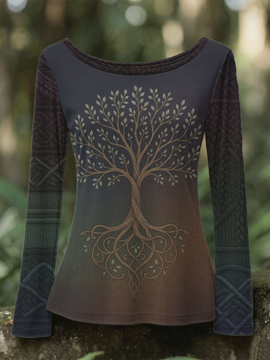 Women's Vintage Tree of Life Celtic Chunky Knit Comfortable Crew Neck Long Sleeve T-Shirt