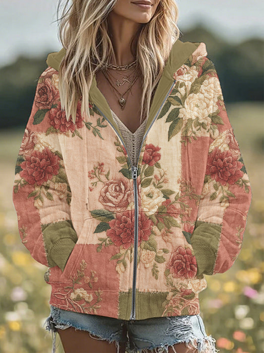 Women's Vintage Floral Patchwork Cozy Warm Zipper Hoodie
