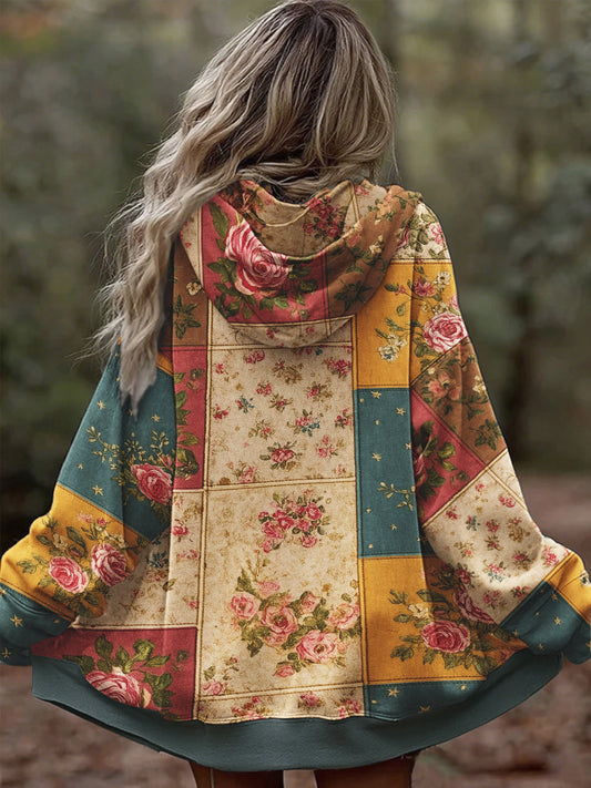 Women's Vintage Floral Patchwork Cozy Warm Zipper Hoodie
