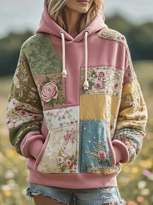 Women's Vintage Floral Patchwork Comfortable Warm Oversized Hoodie