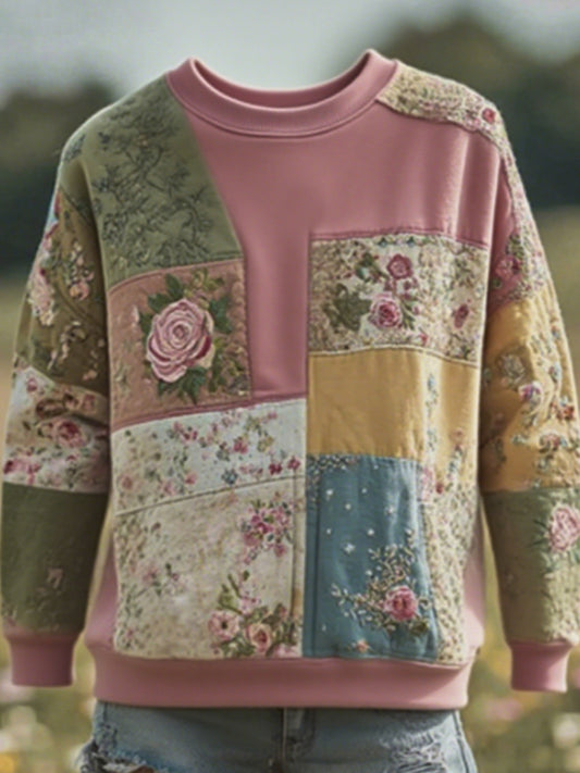 Women's Retro Floral Patchwork Comfortable Crew Neck Warm Oversized Sweater