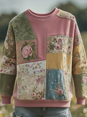Women's Retro Floral Patchwork Comfortable Crew Neck Warm Oversized Sweater