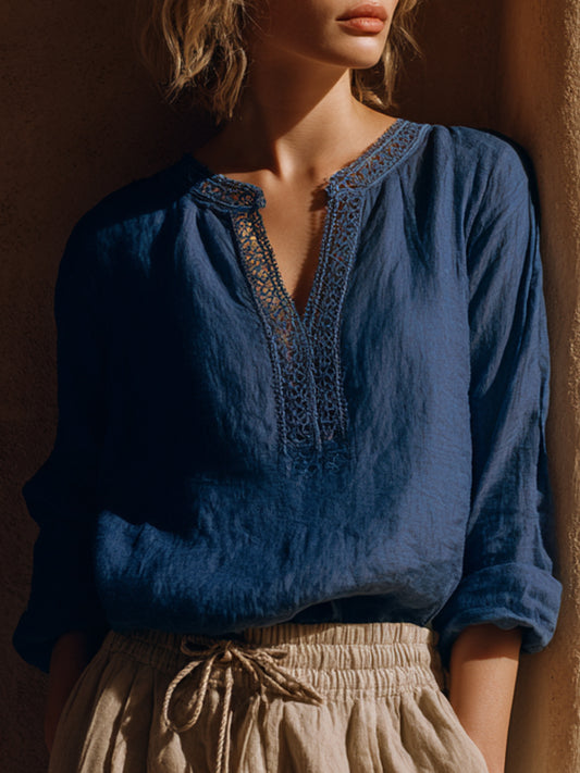 Women's Vintage Lace Patchwork Linen Blend Shirt