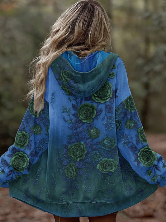 Women's Retro 3D Floral Gradient Comfortable Warm Zipper Oversized Hoodie