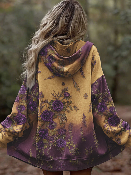 Women's Retro 3D Floral Gradient Comfortable Warm Zipper Oversized Hoodie