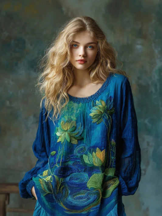 Women's Vintage Lotus Floral Landscape Art Embroidery Crew Neck T-Shirt
