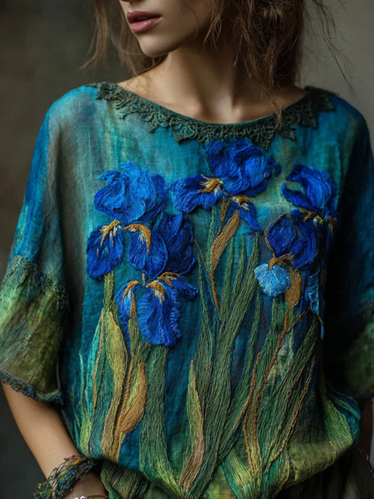 Women's Oil Painting Inspired Irises Embroidered Flowy Linen Casual Shirt