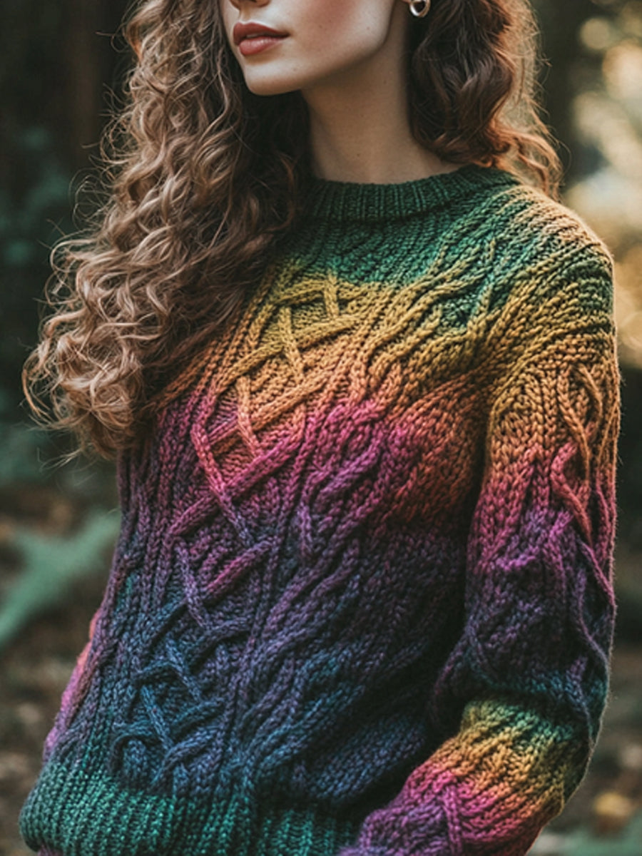 Women's Classic Celtic Chunky Rainbow Color Round Neck Cozy Sweater