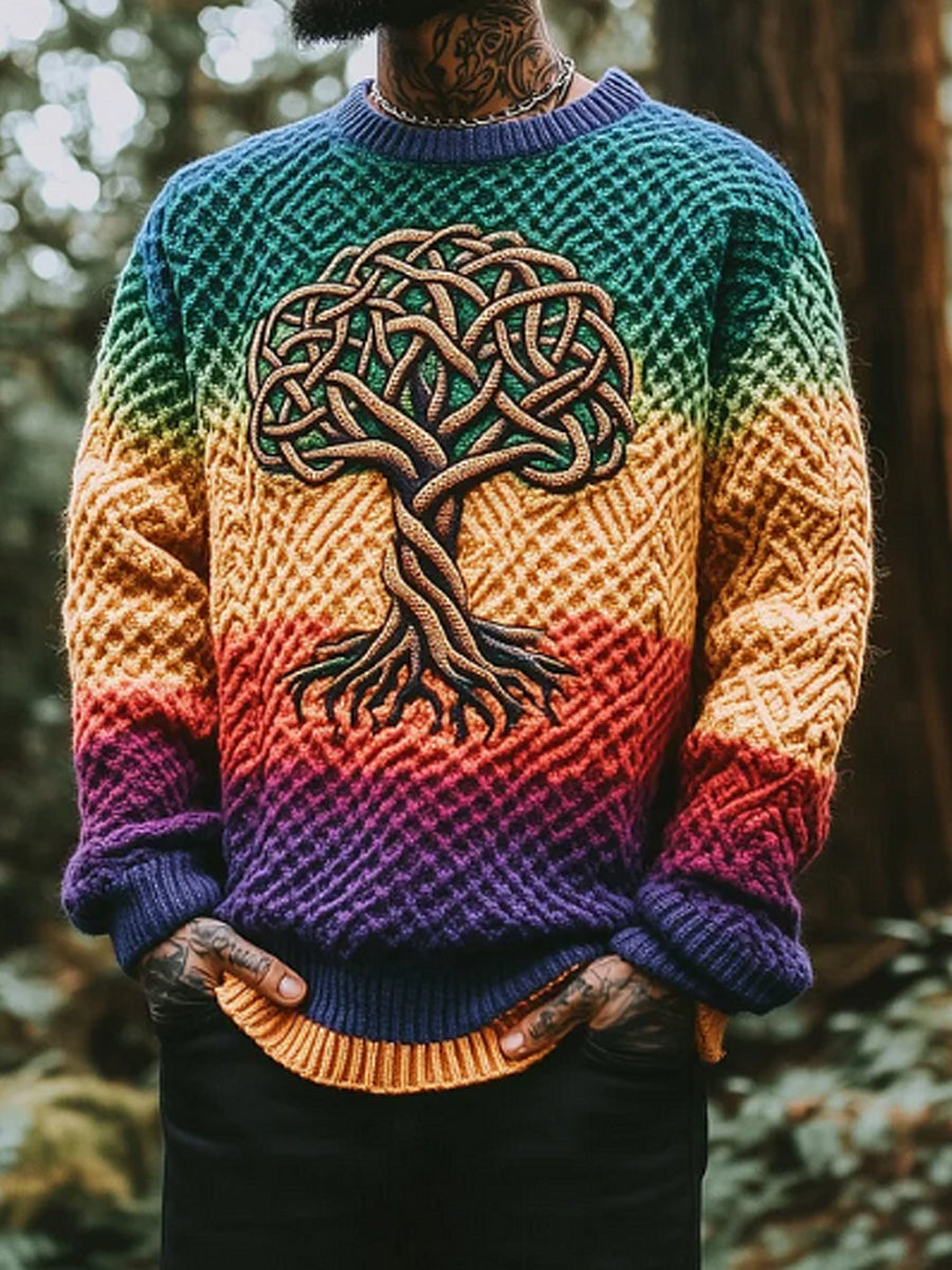 Men's Vintage Tree Of Life Pattern Warmth Knitted Jacquard Unisex Sweater