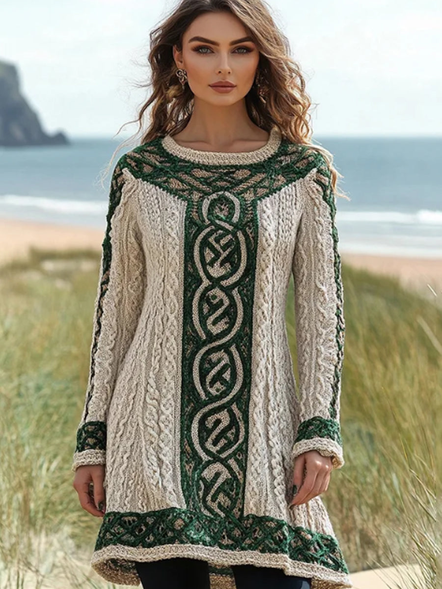 Women's Irish Celtic Knotted Crew Neck Contrast Sweater Dress