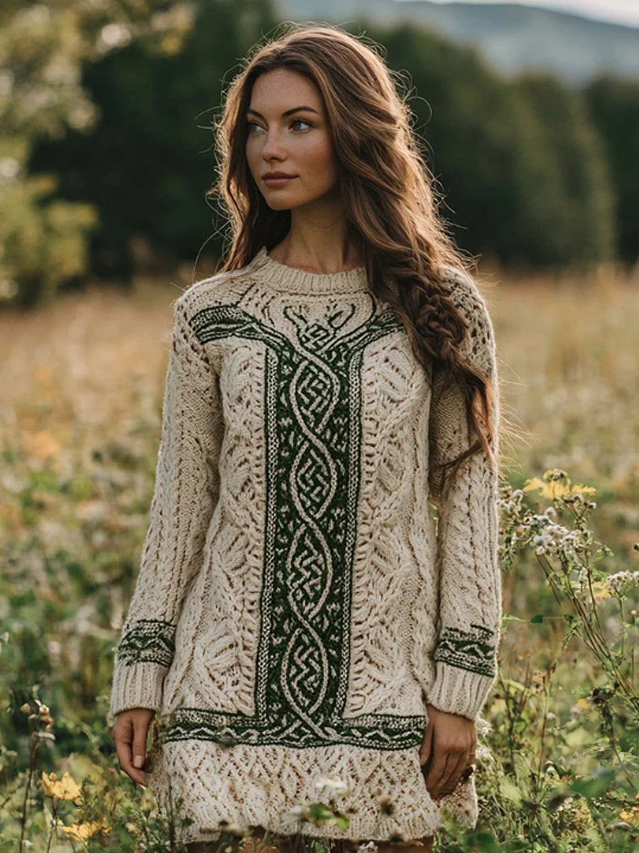 Women's Irish Celtic Knotted Contrast Round Neck Sweater Dress