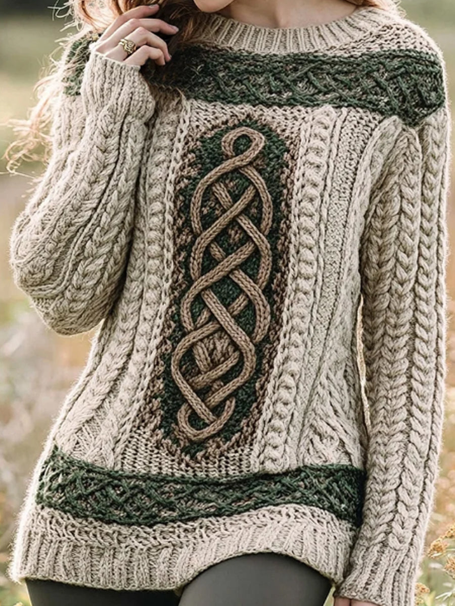 Women's Irish Celtic Knot Jacquard Contrast Sweater