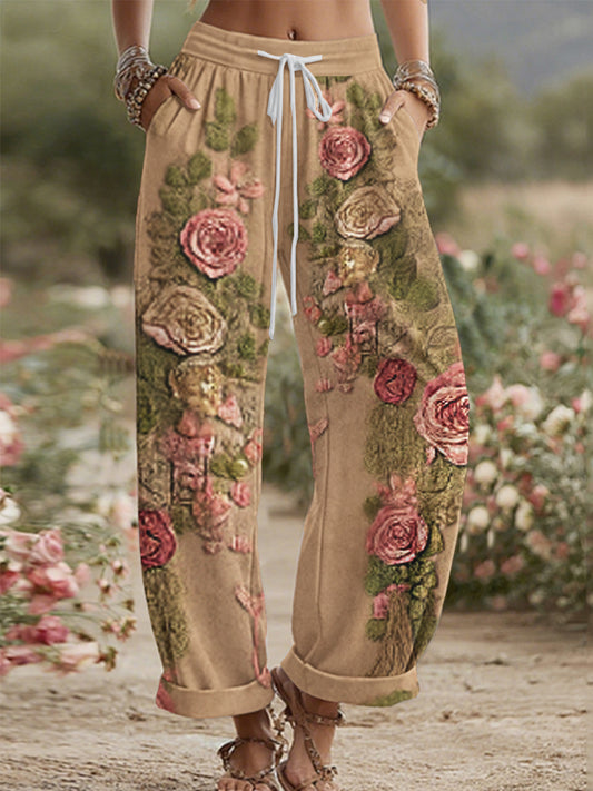 Women's Vintage Rose and Floral Patchwork Art Linen Pants