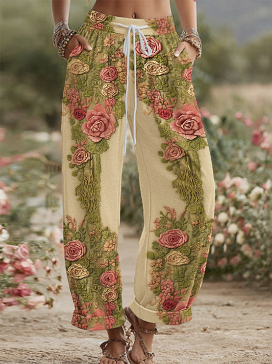 Women's Vintage Rose and Floral Patchwork Art Linen Pants