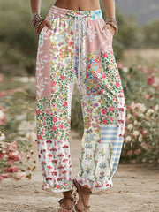 Women's Vintage Rose and Floral Patchwork Art Linen Pants