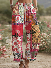 Women's Vintage Rose and Floral Patchwork Art Linen Pants