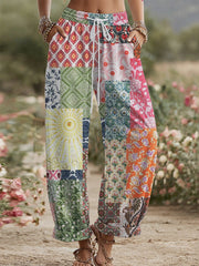 Women's Vintage Rose and Floral Patchwork Art Linen Pants
