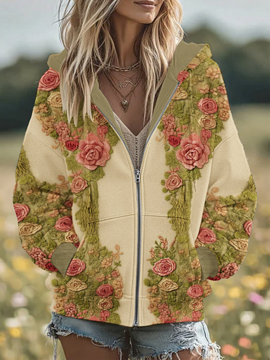 Women's Vintage Floral Patchwork Cozy Warm Zipper Hoodie