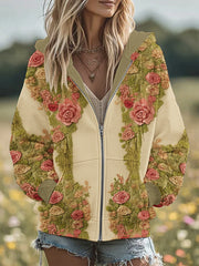Women's Vintage Floral Patchwork Cozy Warm Zipper Hoodie
