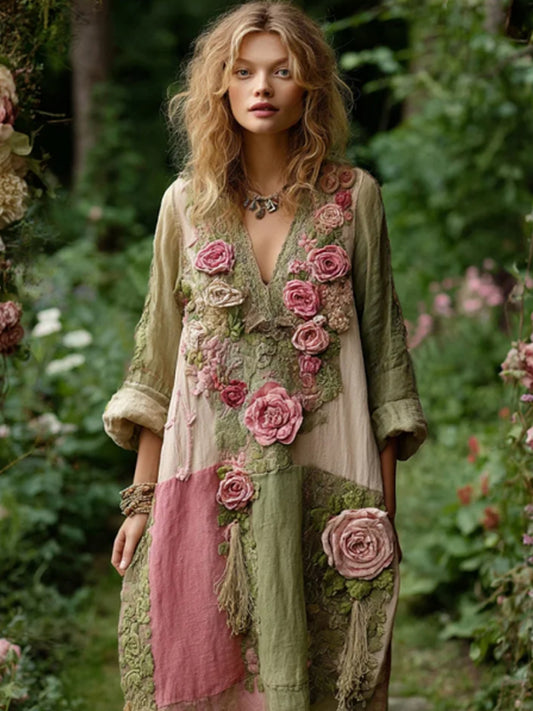 Women's Vintage Patchwork Floral Print V-neck Loose Dress