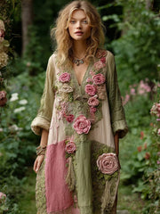 Women's Vintage Patchwork Floral Print V-neck Loose Dress