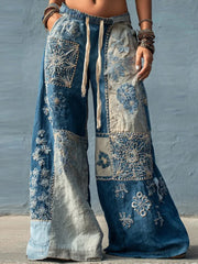 Women's Bohemian Floral Lace Fiber Art Denim Patchwork Flowy Wide-Leg Pants