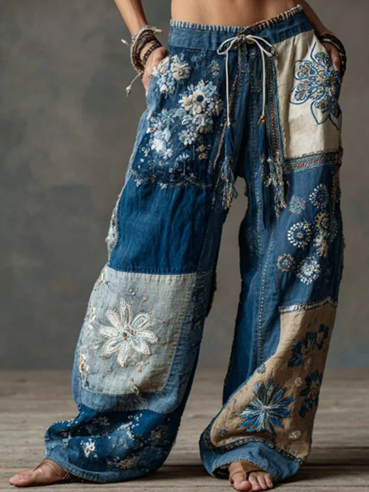 Women's Bohemian Floral Lace Embroidered Denim Patchwork Flowy Linen Wide-Leg Pants