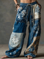Women's Bohemian Floral Lace Embroidered Denim Patchwork Flowy Linen Wide-Leg Pants