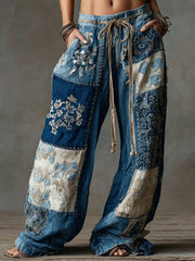 Women's Bohemian Floral Lace Embroidered Denim Patchwork Flowy Linen Wide-Leg Pants