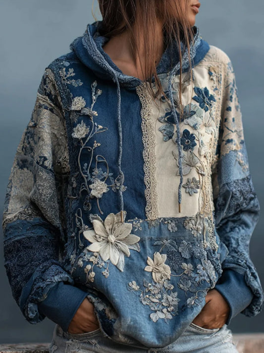 Women's Vintage Floral Lace Fiber Art Denim Patchwork Hoodie