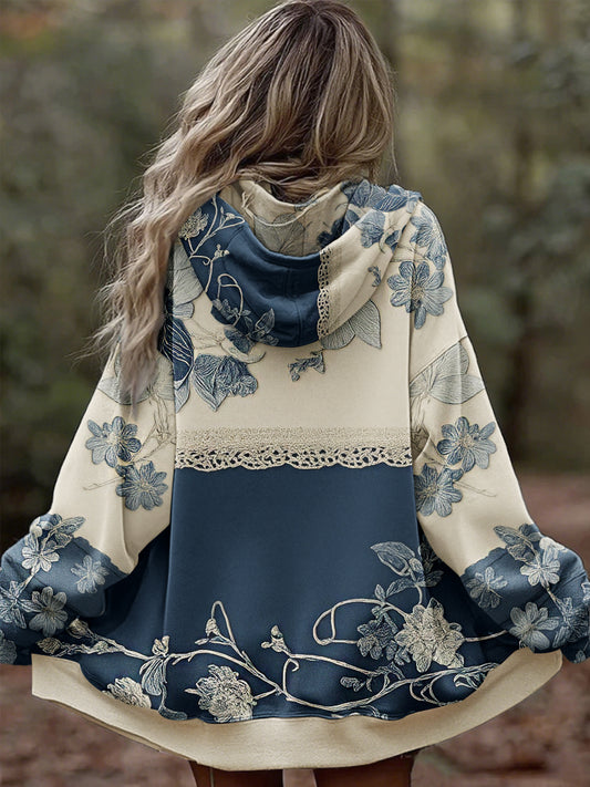 Women's Vintage Floral Lace Fiber Art Denim Patchwork Zipper Oversized Hoodie Jacket