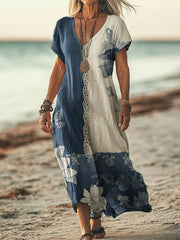 Women's Vintage Floral Lace Fiber Art Denim Patchwork Flowing Dress