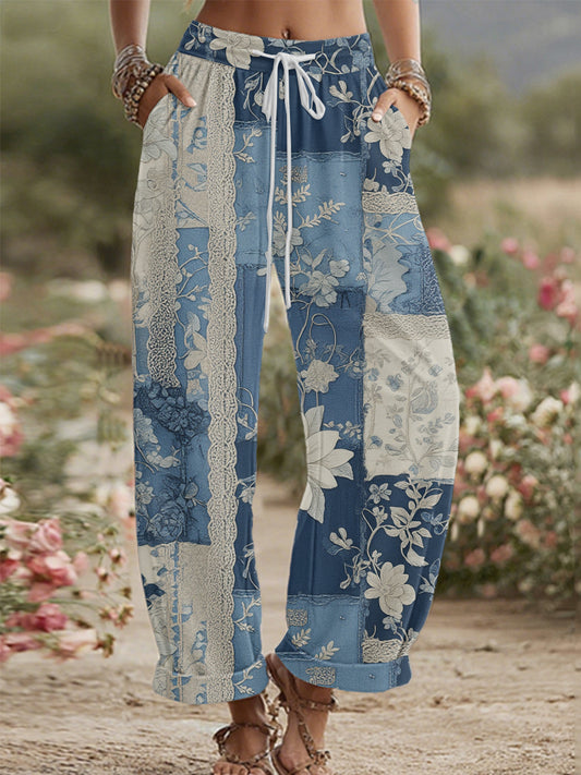 Women's Vintage Floral Patchwork Denim Cotton and Linen Pants