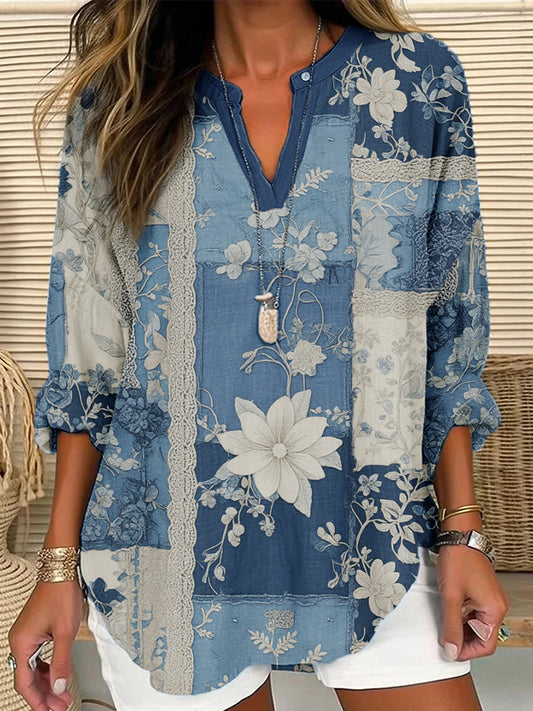 Women's Vintage Floral Patchwork Denim Cotton and Linen Casual Long Sleeve Shirt