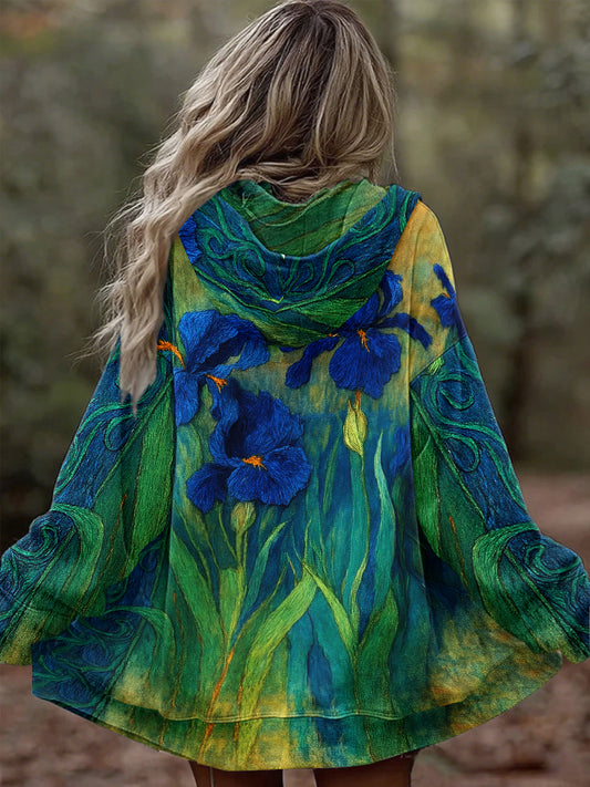 Women's Iris Embroidered Contrast Color Hooded Zip-Up Cardigan Loose Sweatshirt